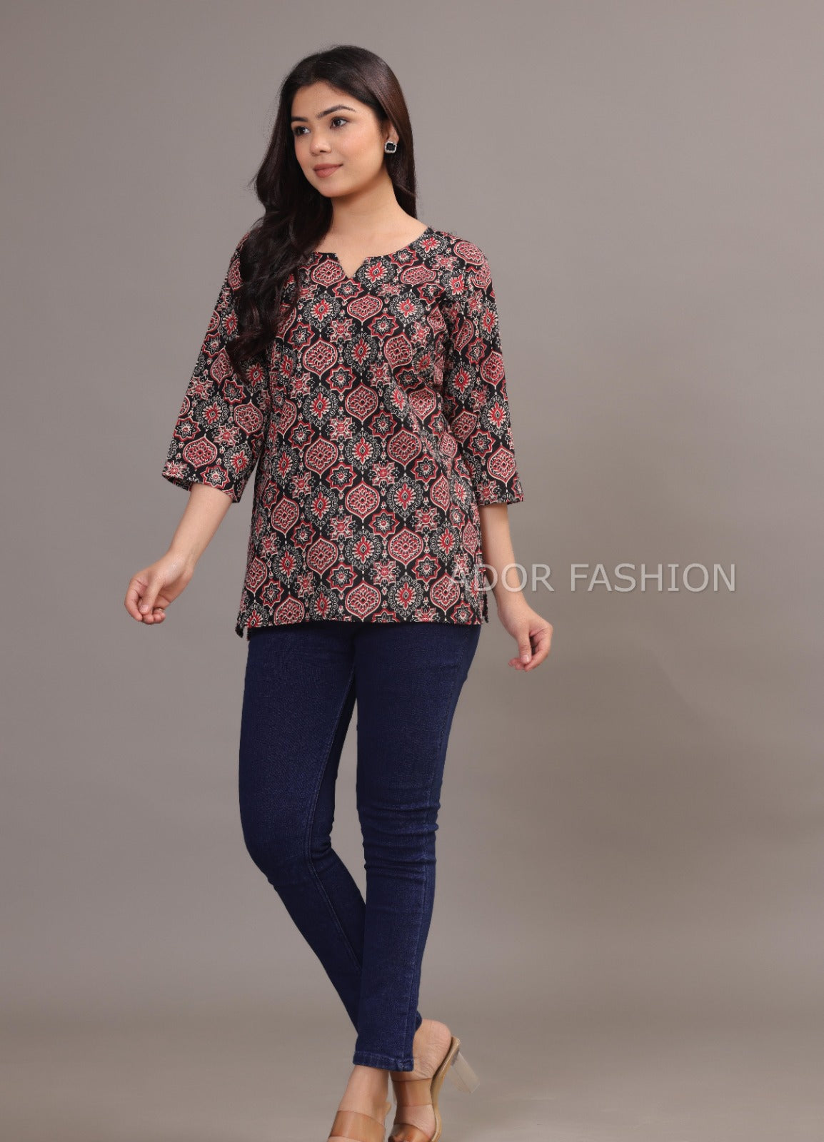 Ador Fasion Simple Cotton Red Black Hand Block Printed Short Kurti for women's daily wear