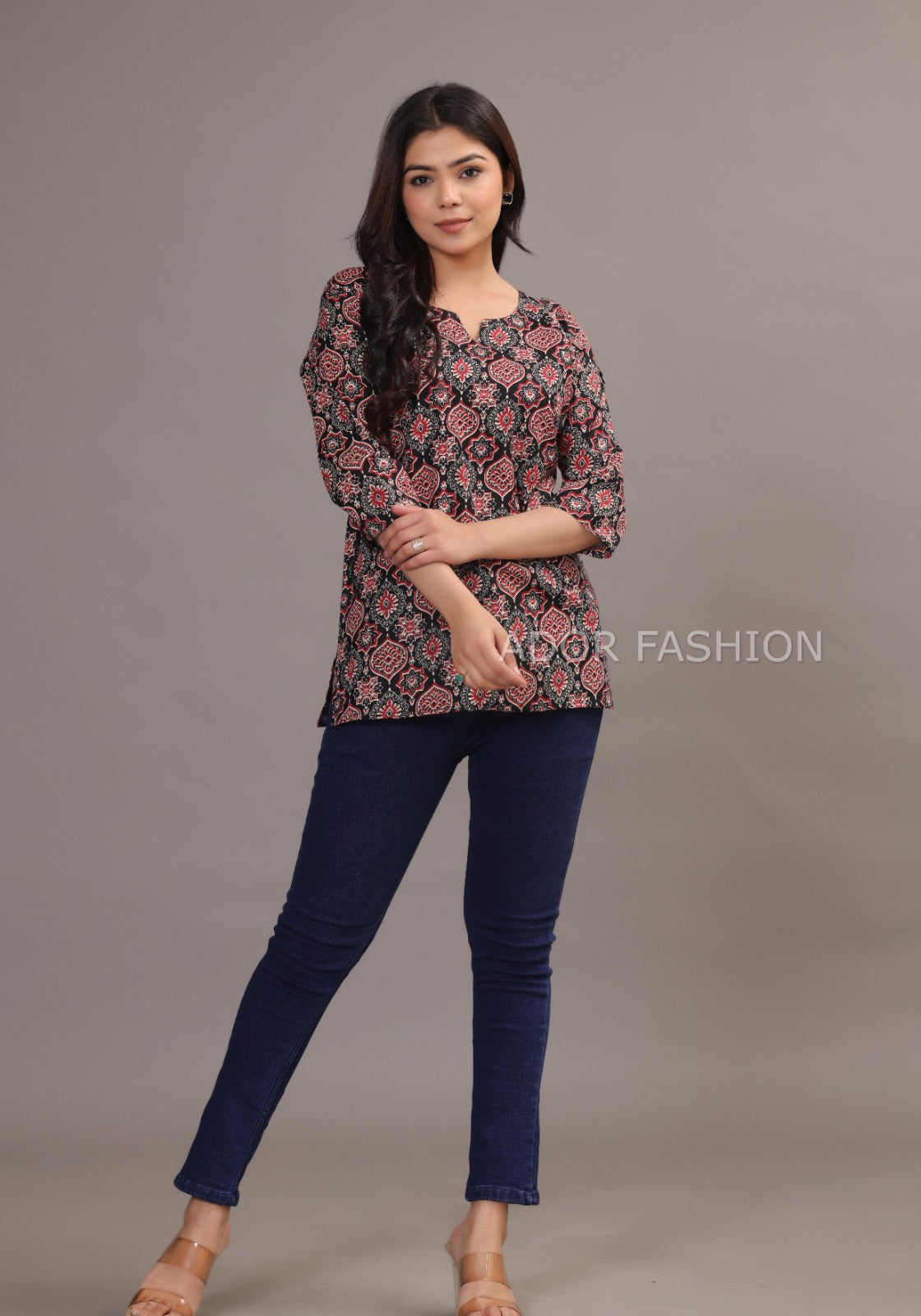 Ador Fasion Simple Cotton Red Black Hand Block Printed Short Kurti for women's daily wear