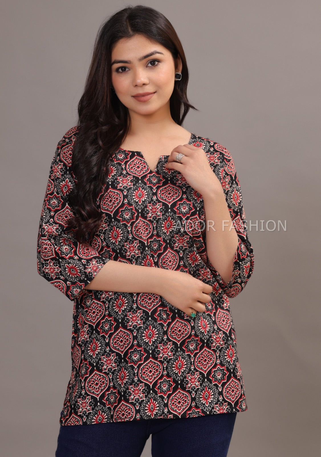 Ador Fasion Simple Cotton Red Black Hand Block Printed Short Kurti for women's daily wear