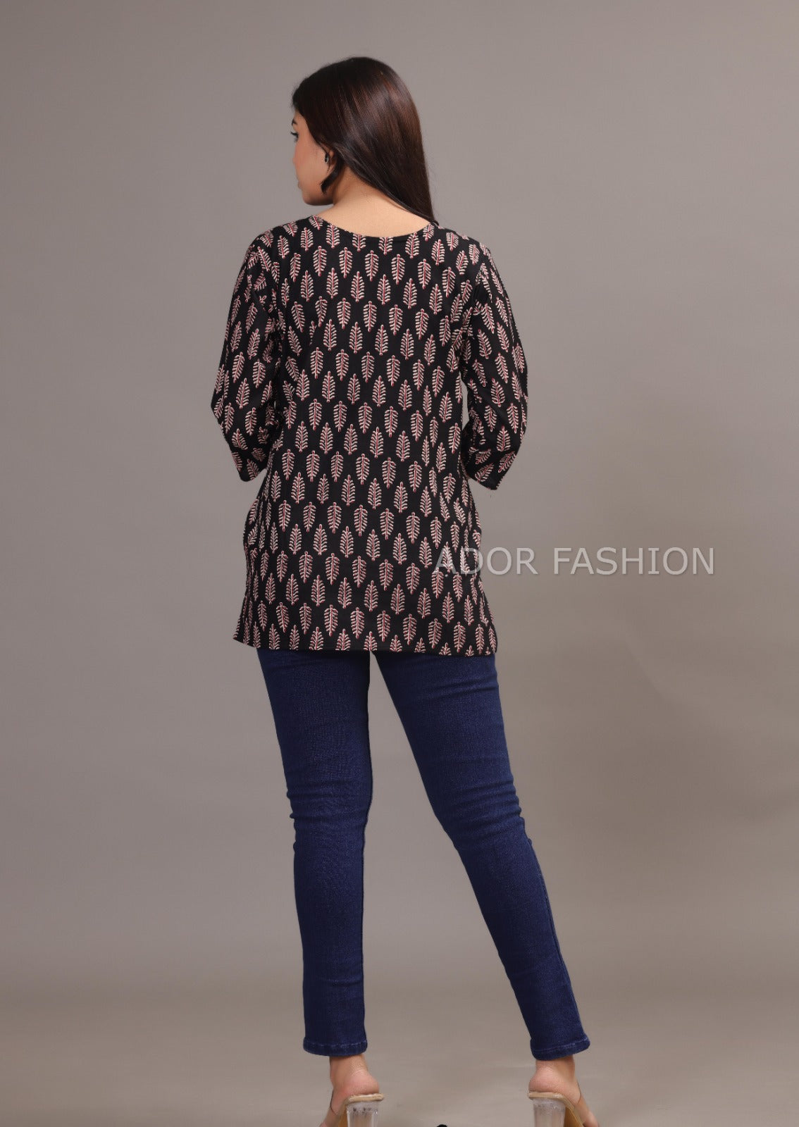 Ador Fasion Simple Cotton Red Black Leaf Hand Block Printed Short Kurti