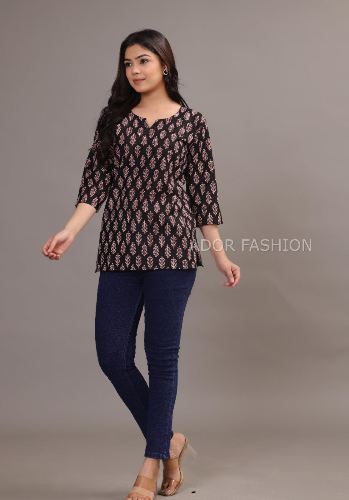 Ador Fasion Simple Cotton Red Black Leaf Hand Block Printed Short Kurti
