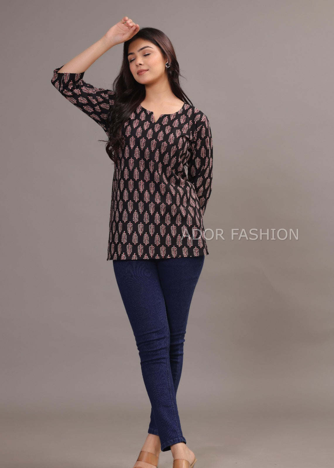 Ador Fasion Simple Cotton Red Black Leaf Hand Block Printed Short Kurti
