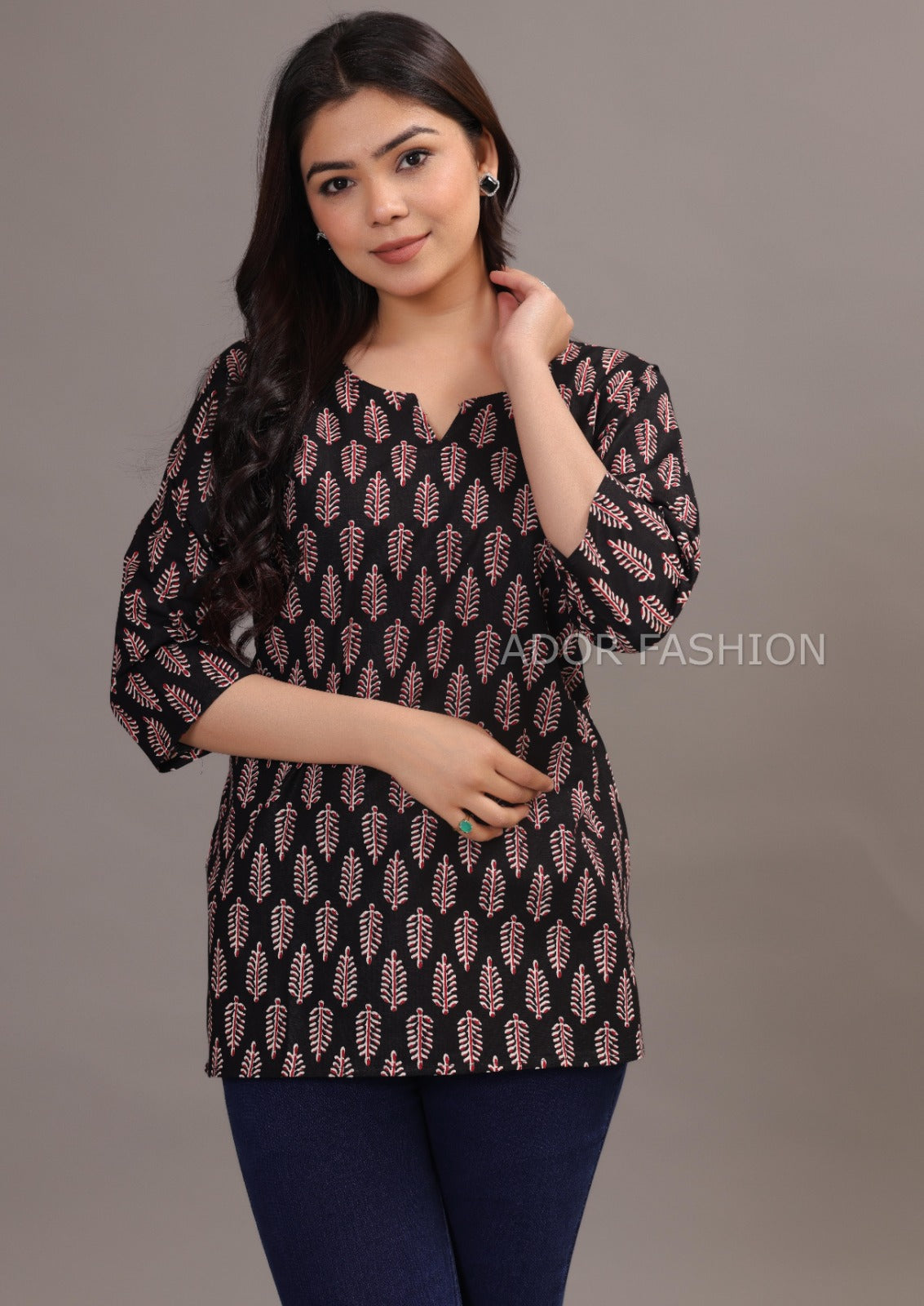 Ador Fasion Simple Cotton Red Black Leaf Hand Block Printed Short Kurti