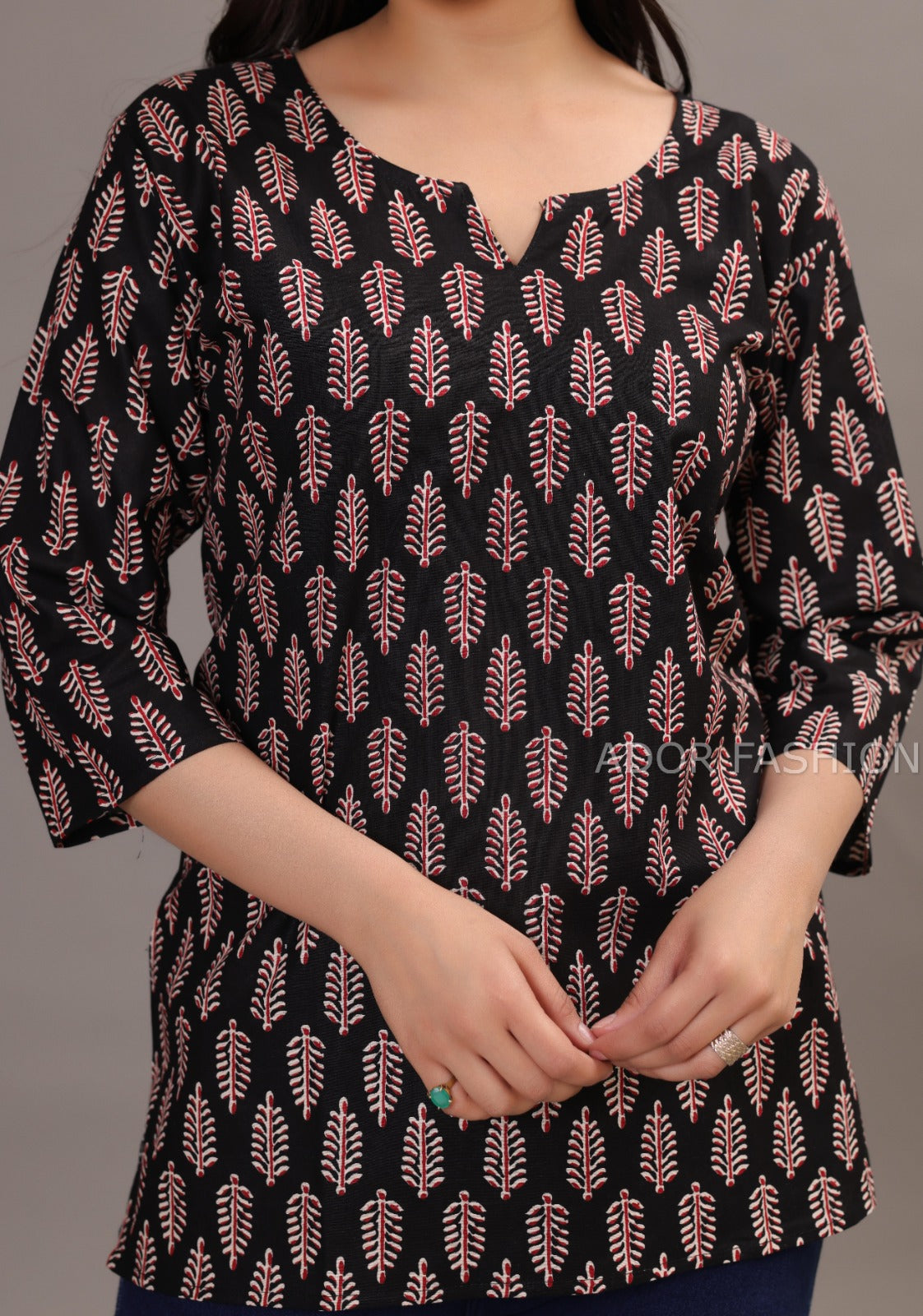 Ador Fasion Simple Cotton Red Black Leaf Hand Block Printed Short Kurti
