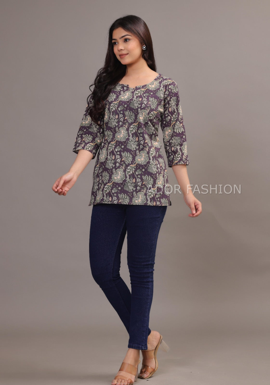 Ador Fashion Simple Cotton Floral Purple Hand Block Printed Short Kurti, Women's daily wear Kurti