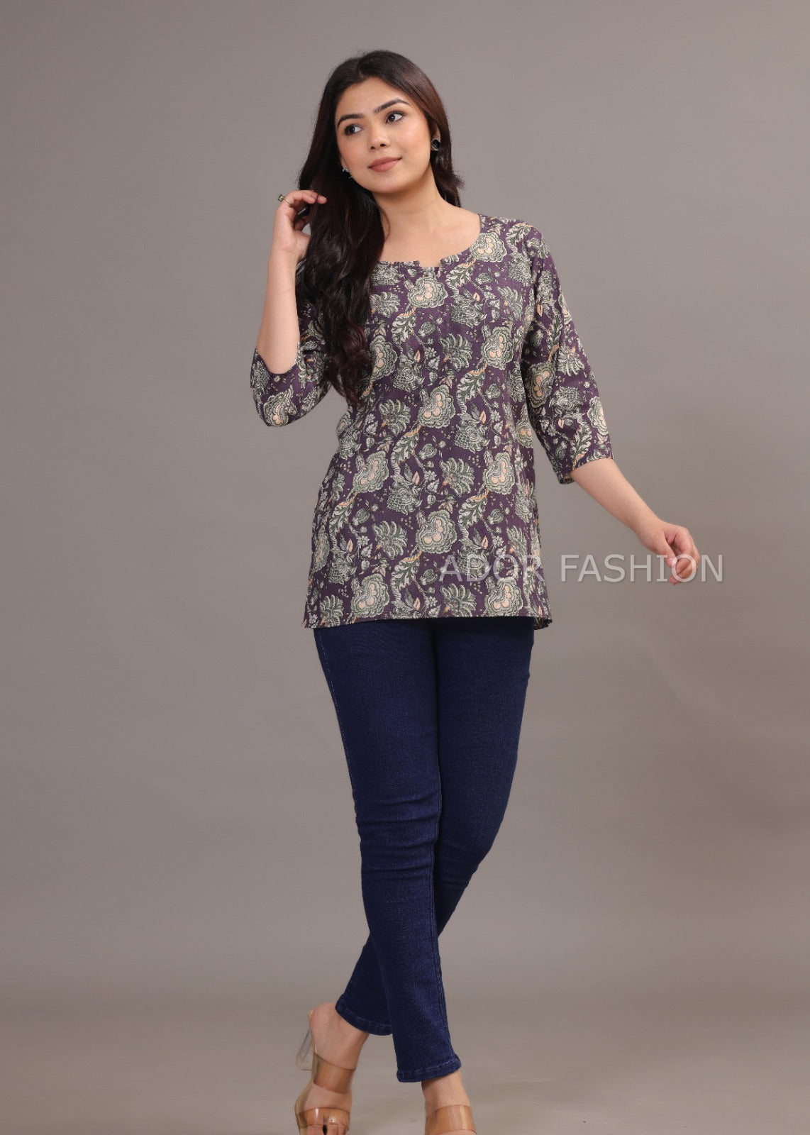 Ador Fashion Simple Cotton Floral Purple Hand Block Printed Short Kurti, Women's daily wear Kurti