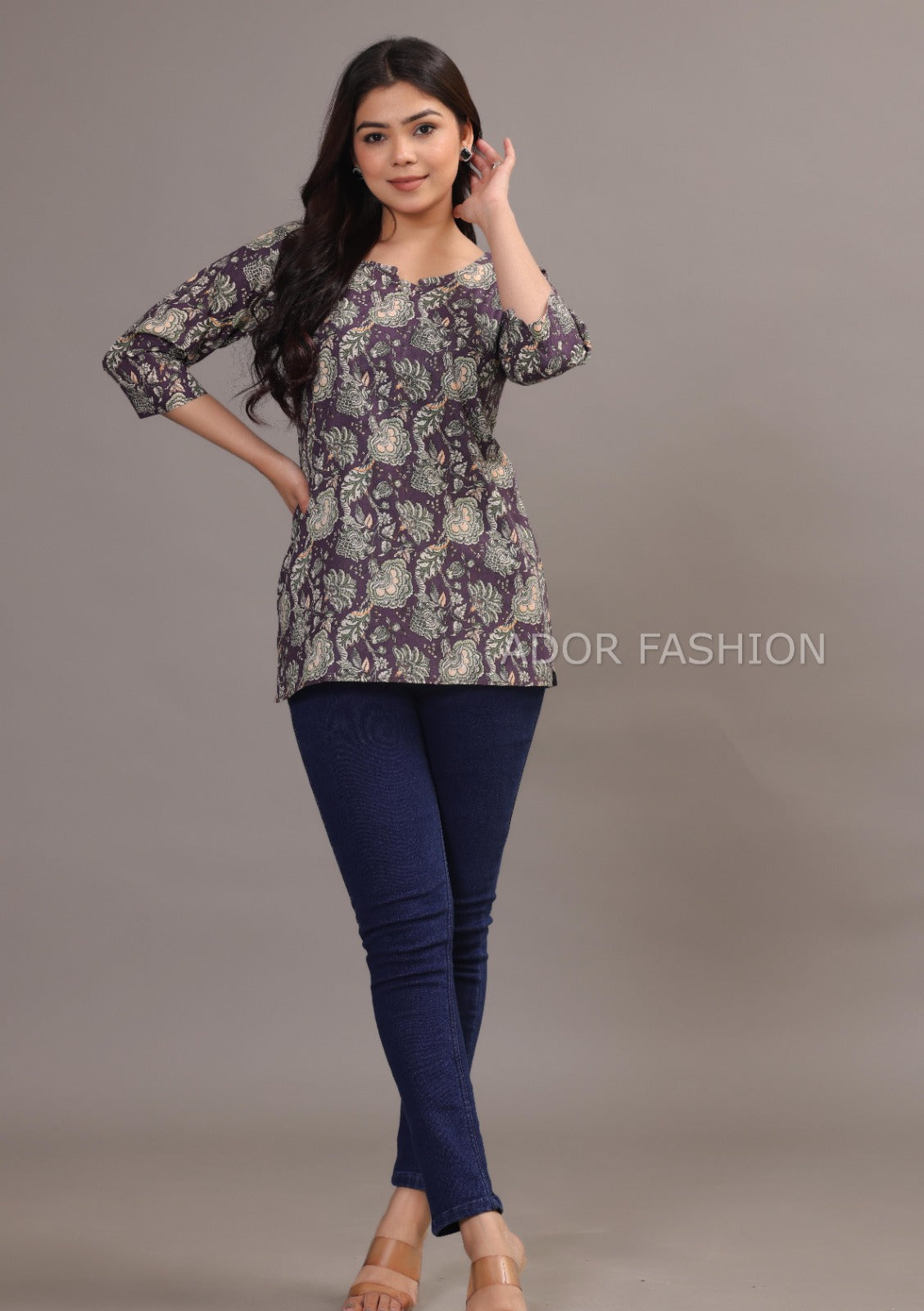 Ador Fashion Simple Cotton Floral Purple Hand Block Printed Short Kurti, Women's daily wear Kurti