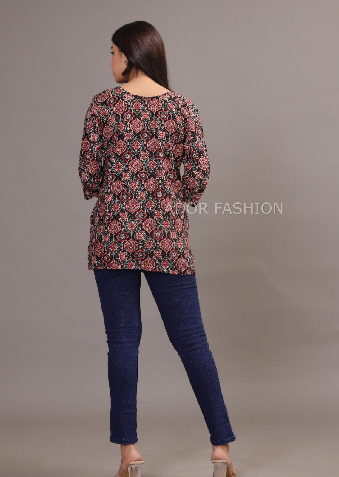 Ador Fasion Simple Cotton Red Black Hand Block Printed Short Kurti for women's daily wear
