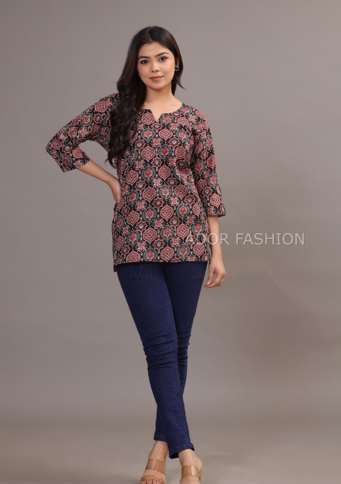 Ador Fasion Simple Cotton Red Black Hand Block Printed Short Kurti for women's daily wear