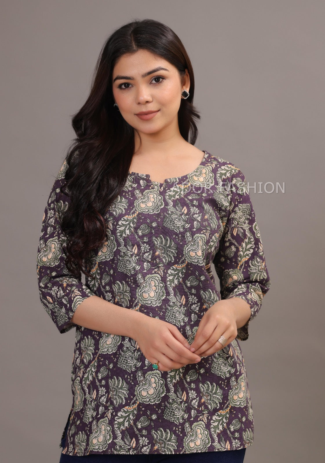 Ador Fashion Simple Cotton Floral Purple Hand Block Printed Short Kurti, Women's daily wear Kurti
