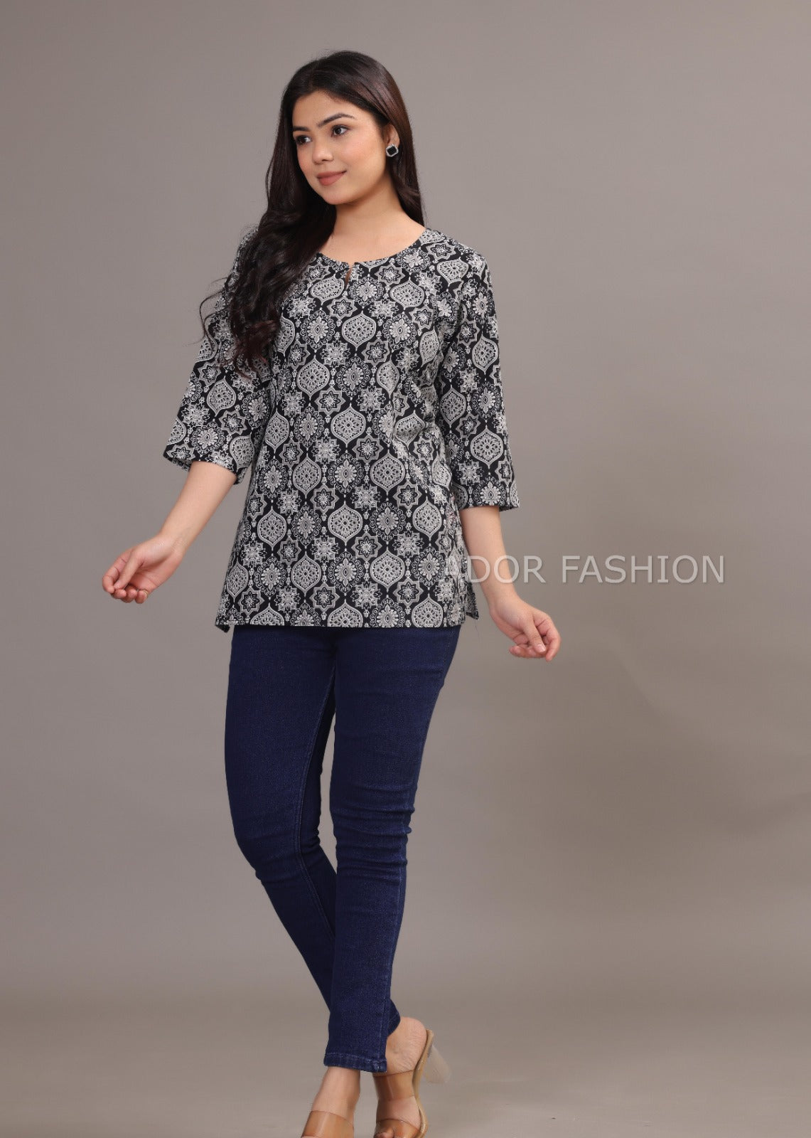 Ador Fashion Simple Cotton Black & White Hand Block Printed Short Kurti