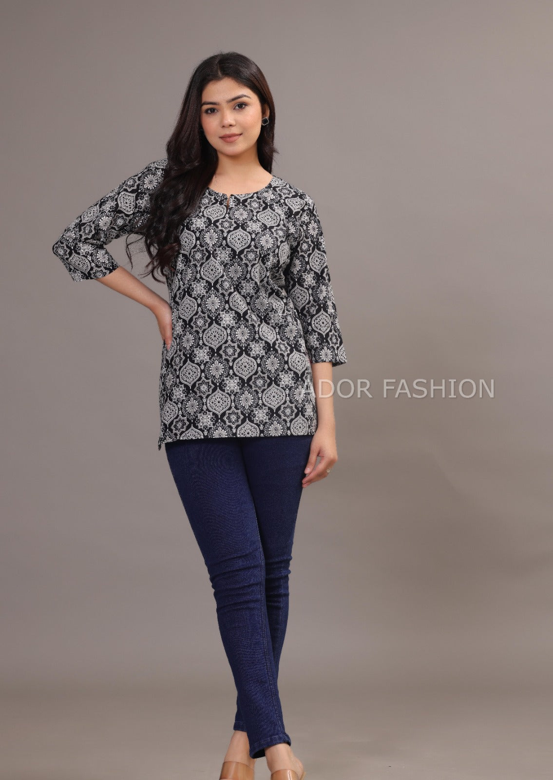 Ador Fashion Simple Cotton Black & White Hand Block Printed Short Kurti