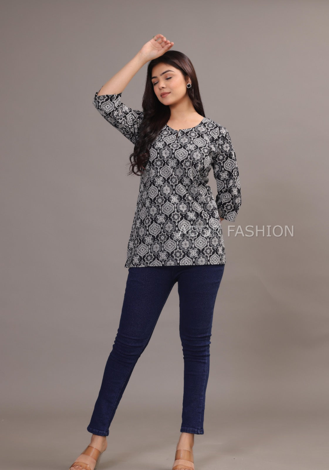 Ador Fashion Simple Cotton Black & White Hand Block Printed Short Kurti