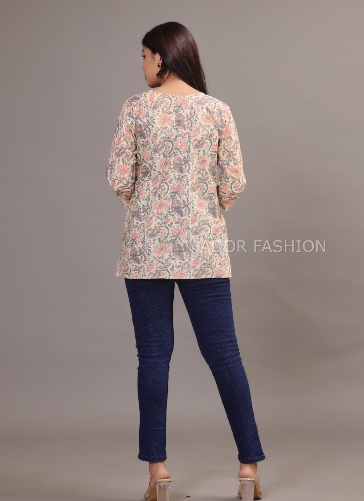 Ador Fashion Simple Cotton Cream Colour Hand Block Printed Short Kurti, Women's daily wear Kurti