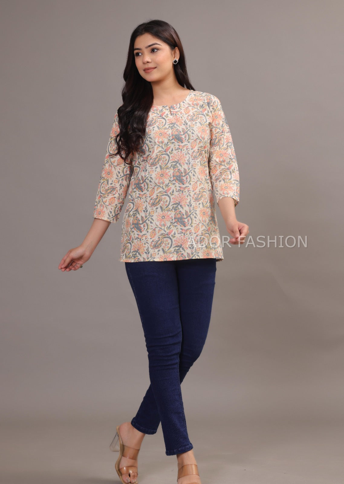 Ador Fashion Simple Cotton Cream Colour Hand Block Printed Short Kurti, Women's daily wear Kurti