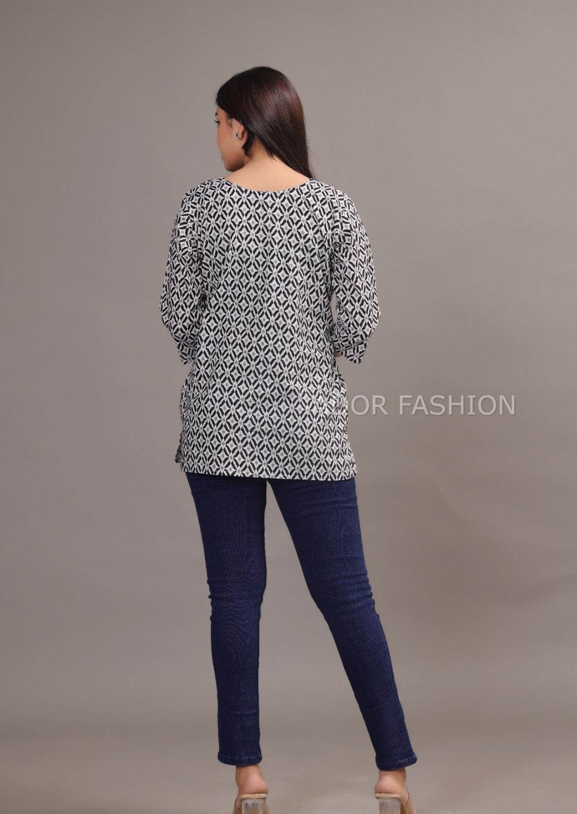Ador Fashion Simple Cotton Black & White Hand Block Printed Short Kurti, Women's daily wear Kurti