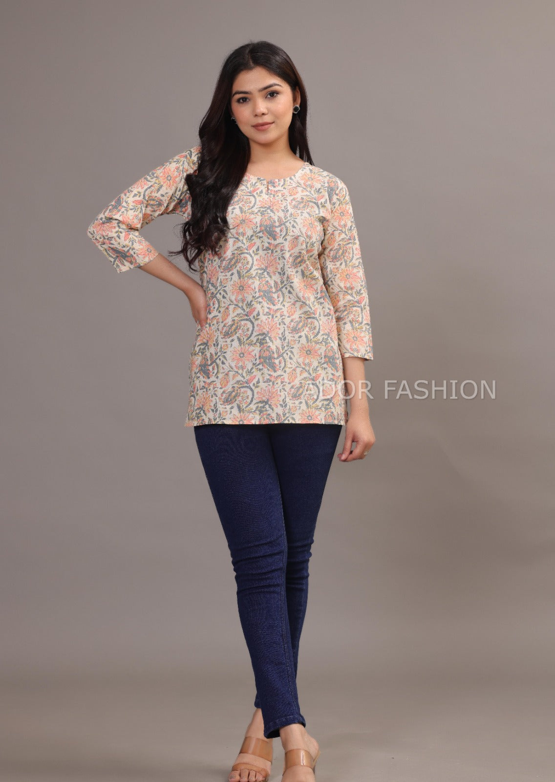 Ador Fashion Simple Cotton Cream Colour Hand Block Printed Short Kurti, Women's daily wear Kurti