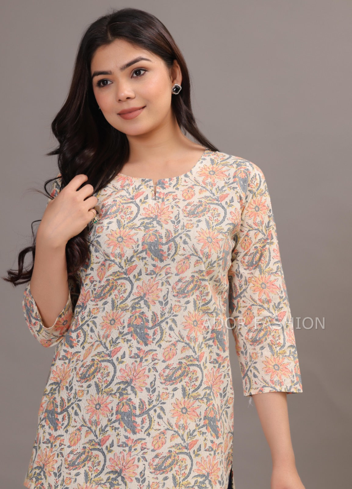 Ador Fashion Simple Cotton Cream Colour Hand Block Printed Short Kurti, Women's daily wear Kurti