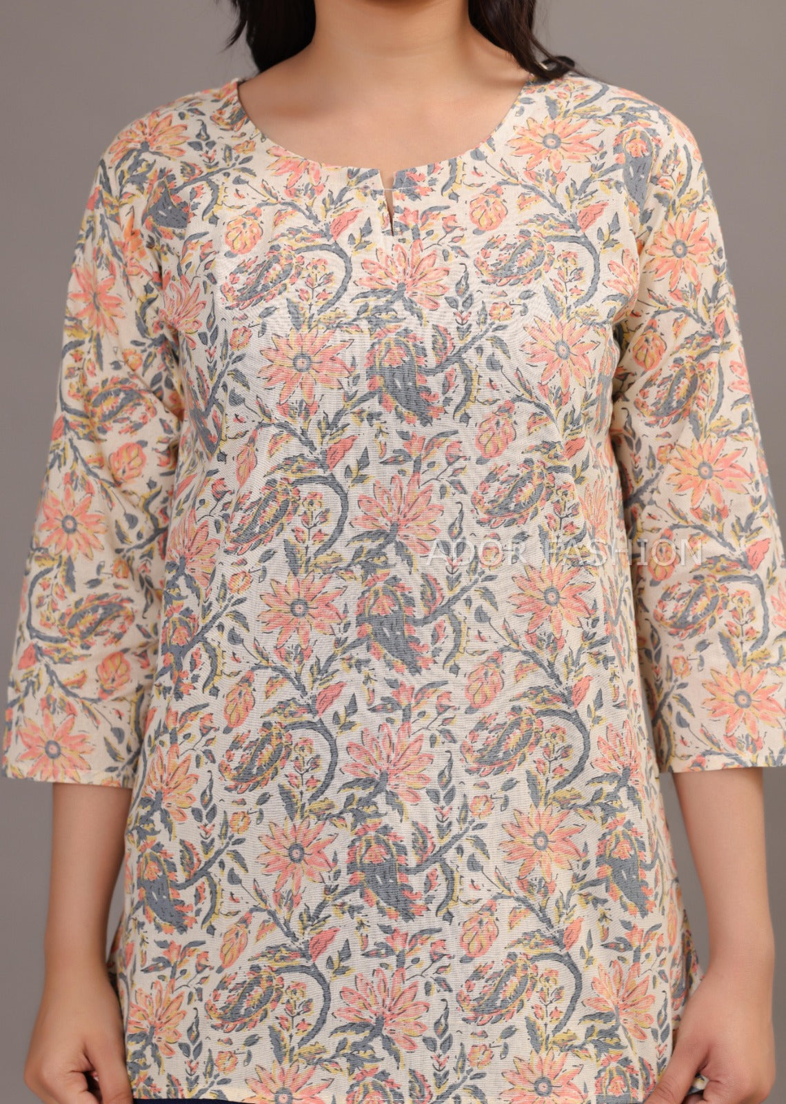 Ador Fashion Simple Cotton Cream Colour Hand Block Printed Short Kurti, Women's daily wear Kurti
