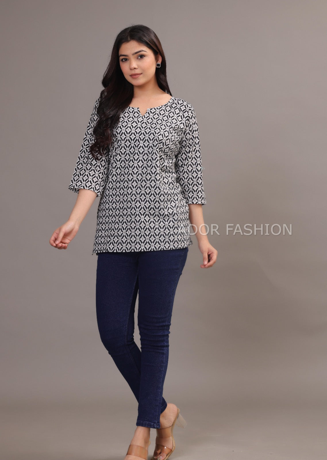 Ador Fashion Simple Cotton Black & White Hand Block Printed Short Kurti, Women's daily wear Kurti