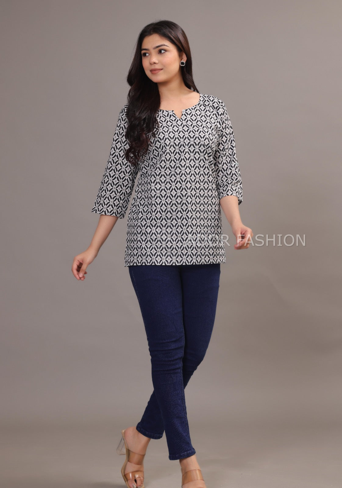 Ador Fashion Simple Cotton Black & White Hand Block Printed Short Kurti, Women's daily wear Kurti