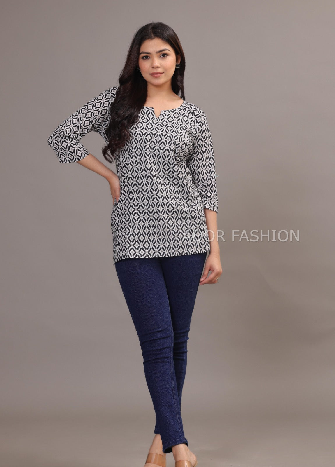 Ador Fashion Simple Cotton Black & White Hand Block Printed Short Kurti, Women's daily wear Kurti