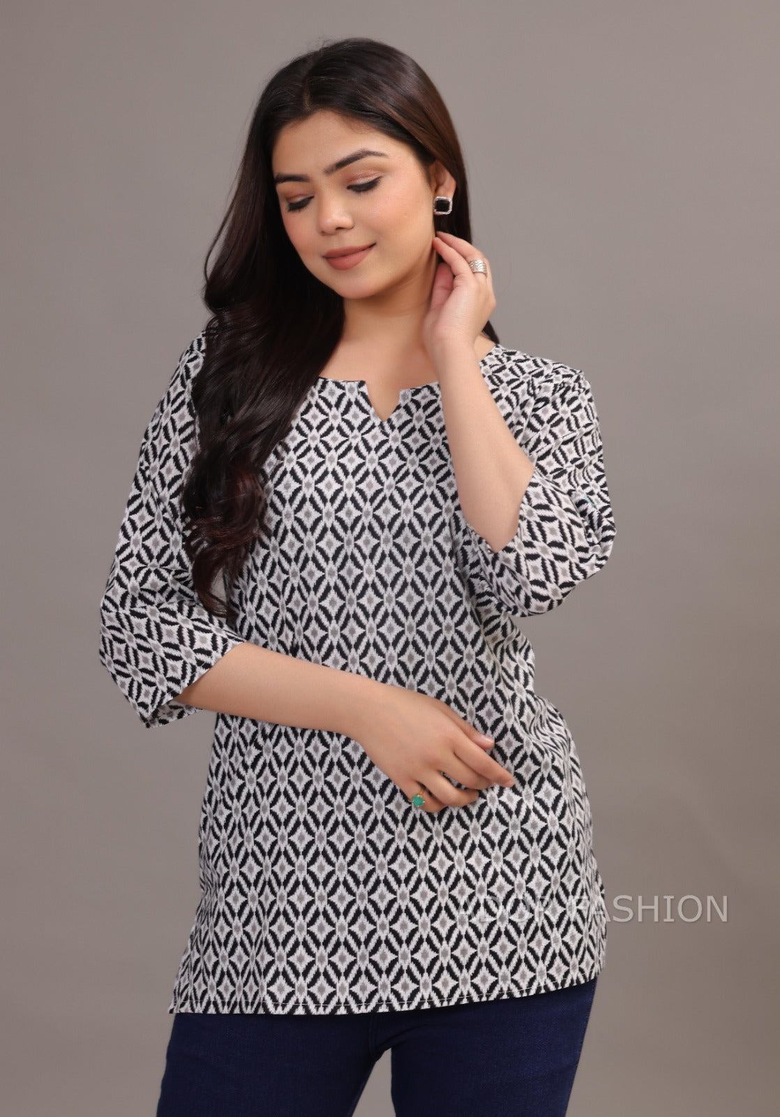 Ador Fashion Simple Cotton Black & White Hand Block Printed Short Kurti, Women's daily wear Kurti