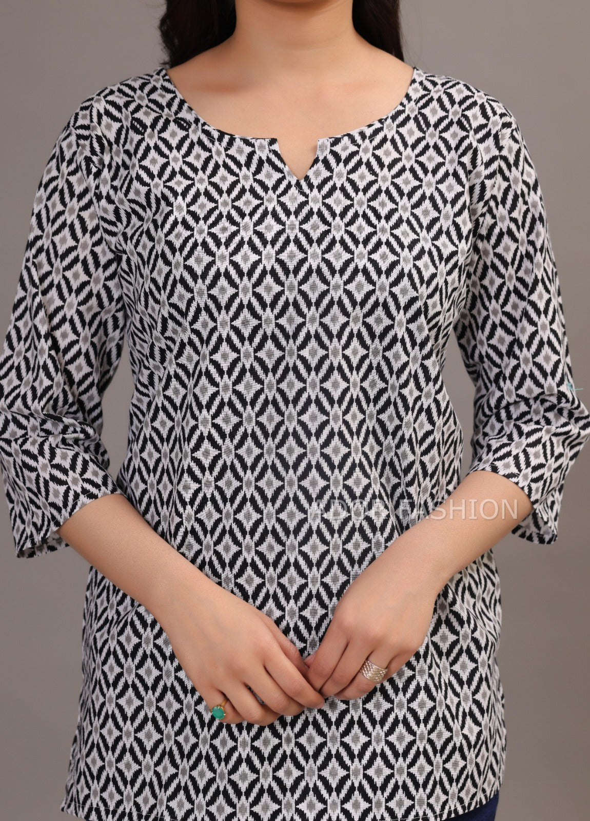 Ador Fashion Simple Cotton Black & White Hand Block Printed Short Kurti, Women's daily wear Kurti