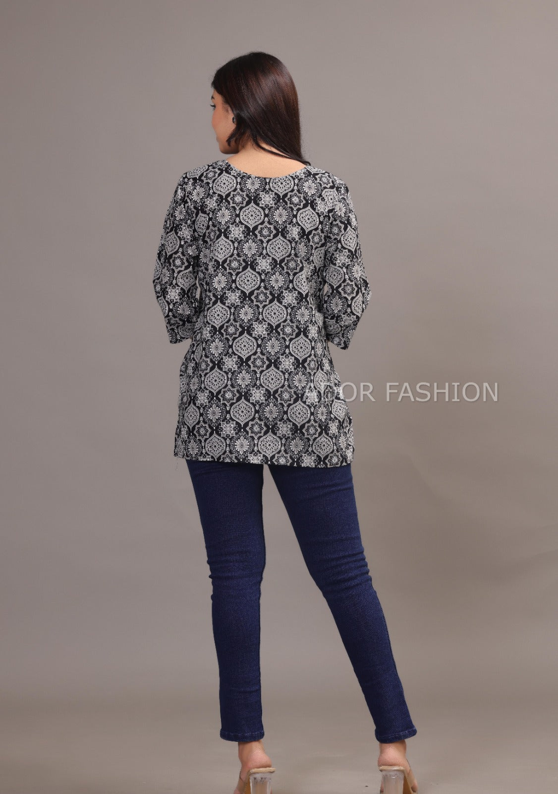 Ador Fashion Simple Cotton Black & White Hand Block Printed Short Kurti