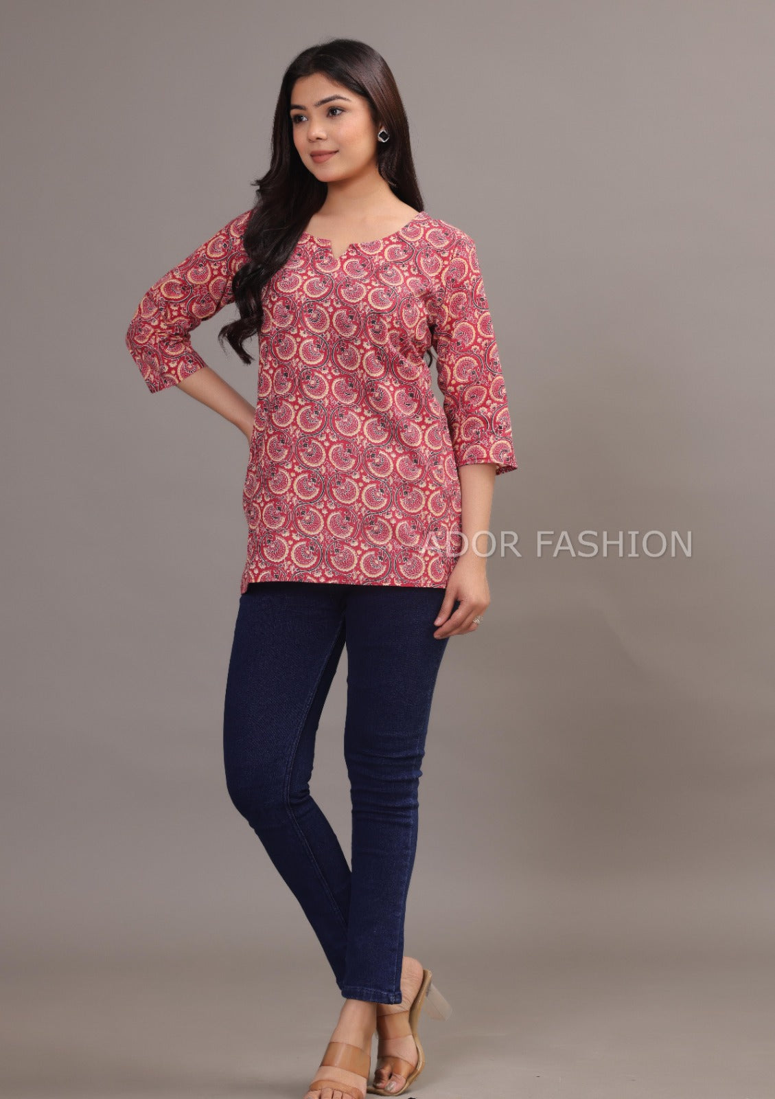 Ador Fashion Simple Cotton Light Pink Hand Block Printed Short Kurti, Women's daily wear Kurti