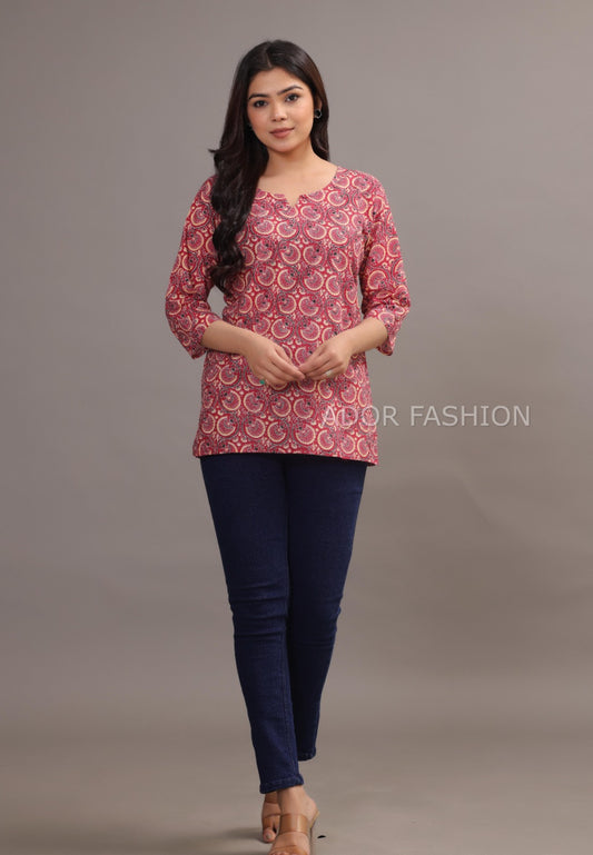 Ador Fashion Simple Cotton Light Pink Hand Block Printed Short Kurti, Women's daily wear Kurti