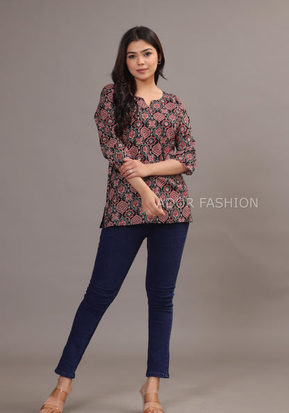 Ador Fasion Simple Cotton Red Black Hand Block Printed Short Kurti for women's daily wear