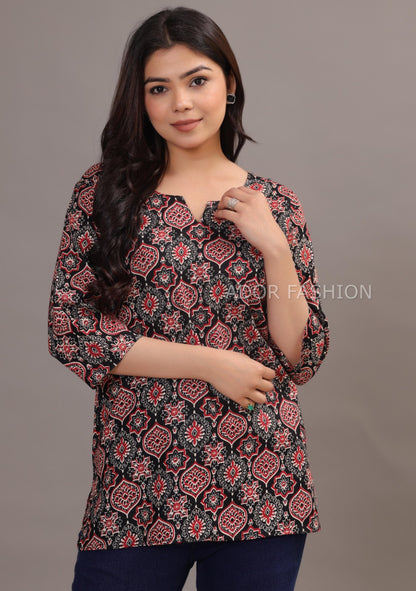 Ador Fasion Simple Cotton Red Black Hand Block Printed Short Kurti for women's daily wear