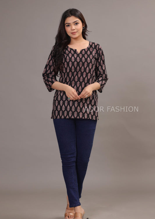 Ador Fasion Simple Cotton Red Black Leaf Hand Block Printed Short Kurti