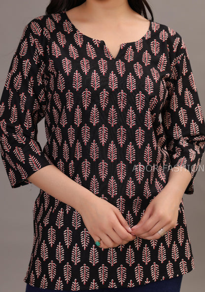 Ador Fasion Simple Cotton Red Black Leaf Hand Block Printed Short Kurti