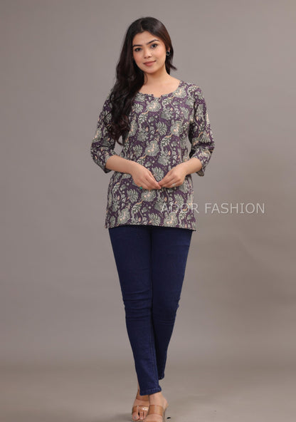 Ador Fashion Simple Cotton Floral Purple Hand Block Printed Short Kurti, Women's daily wear Kurti