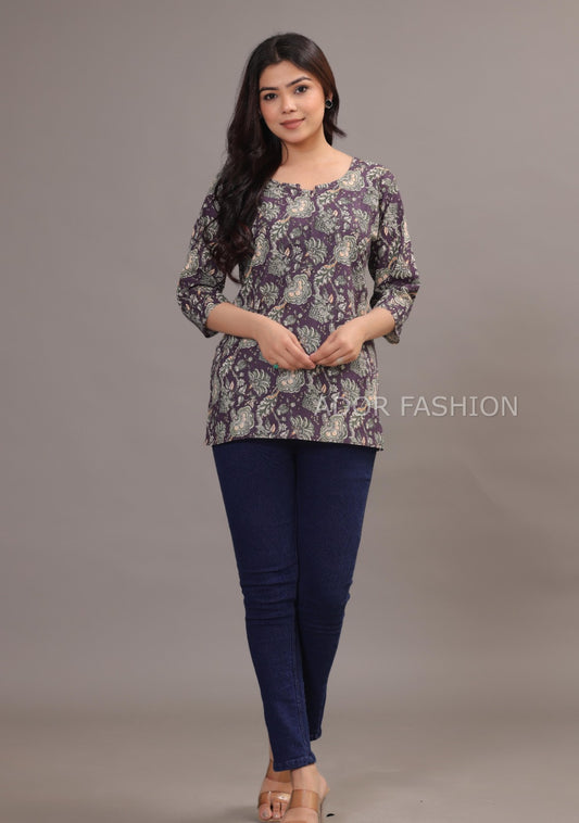Ador Fashion Simple Cotton Floral Purple Hand Block Printed Short Kurti, Women's daily wear Kurti