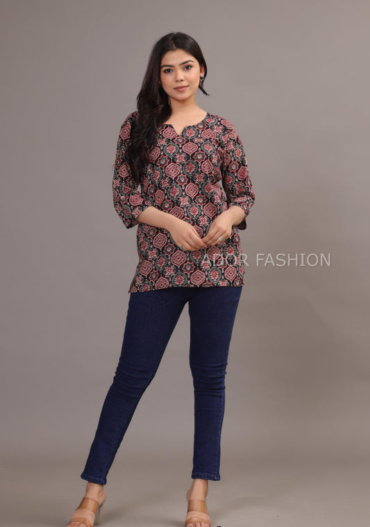 Ador Fasion Simple Cotton Red Black Hand Block Printed Short Kurti for women's daily wear