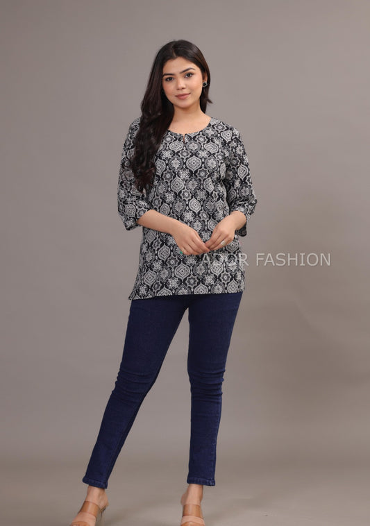Ador Fashion Simple Cotton Black & White Hand Block Printed Short Kurti
