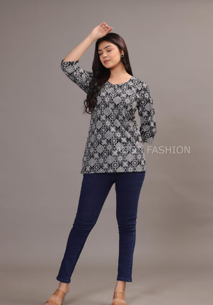 Ador Fashion Simple Cotton Black & White Hand Block Printed Short Kurti