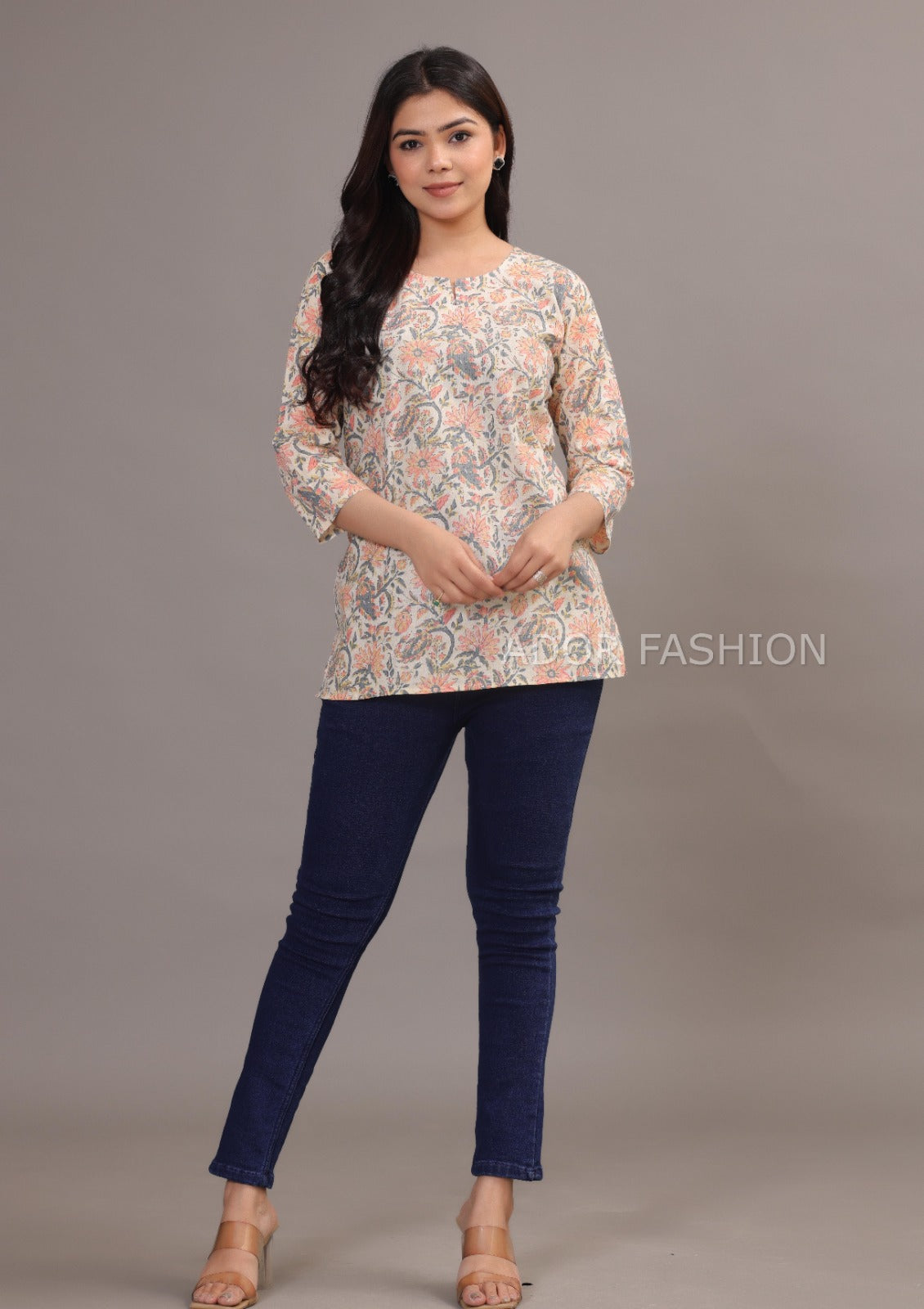 Ador Fashion Simple Cotton Cream Colour Hand Block Printed Short Kurti, Women's daily wear Kurti