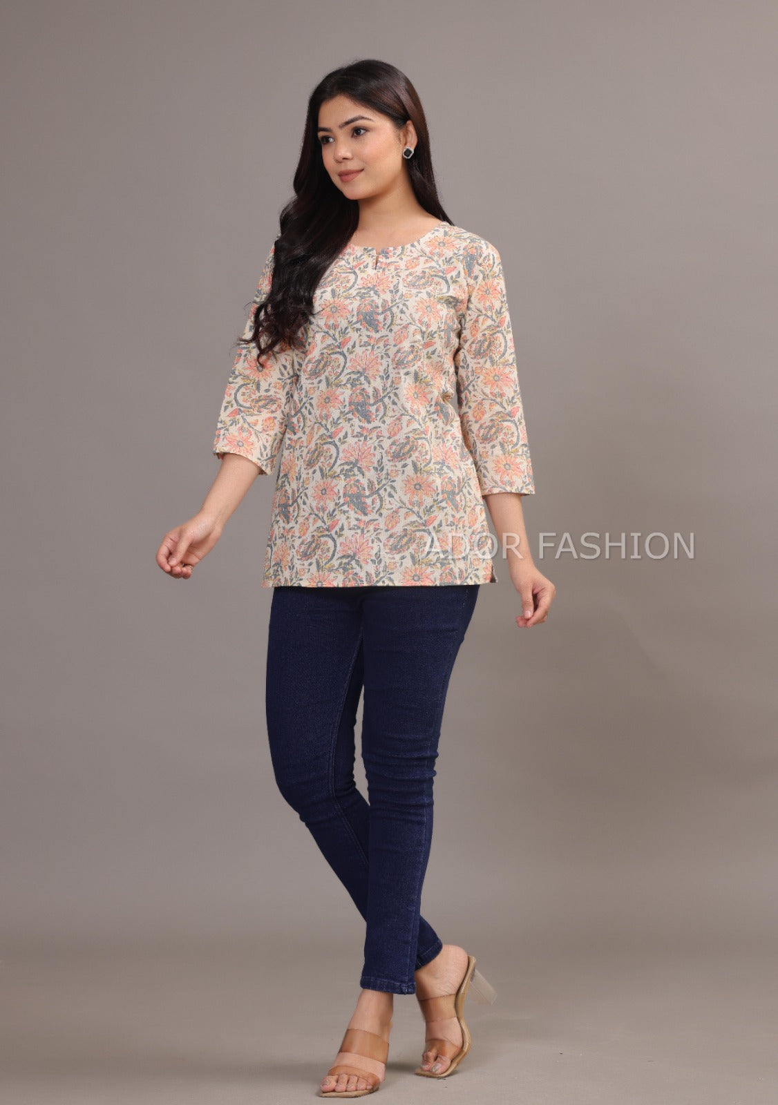 Ador Fashion Simple Cotton Cream Colour Hand Block Printed Short Kurti, Women's daily wear Kurti