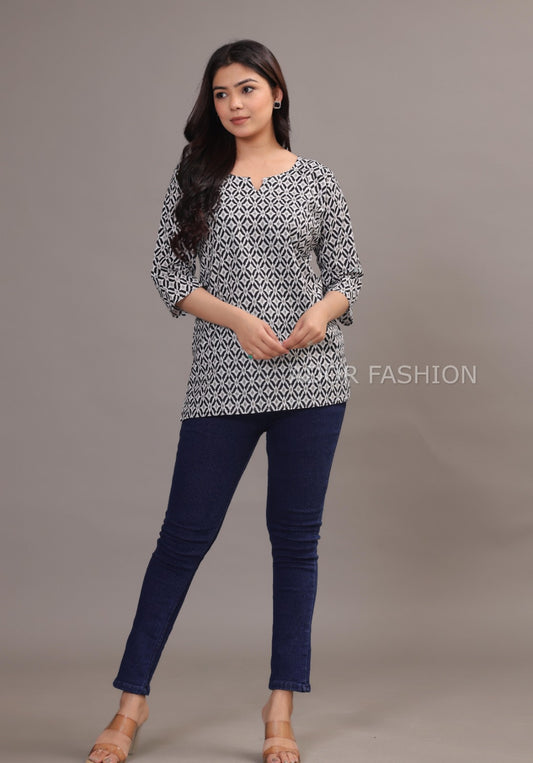 Ador Fashion Simple Cotton Black & White Hand Block Printed Short Kurti, Women's daily wear Kurti