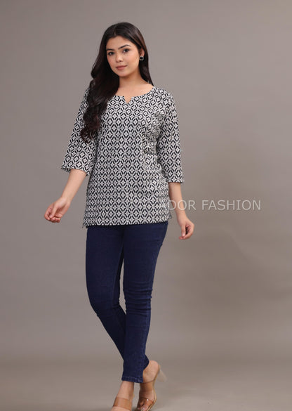 Ador Fashion Simple Cotton Black & White Hand Block Printed Short Kurti, Women's daily wear Kurti