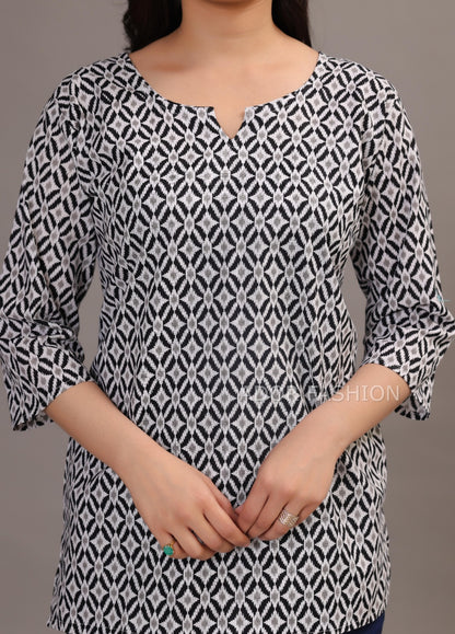 Ador Fashion Simple Cotton Black & White Hand Block Printed Short Kurti, Women's daily wear Kurti